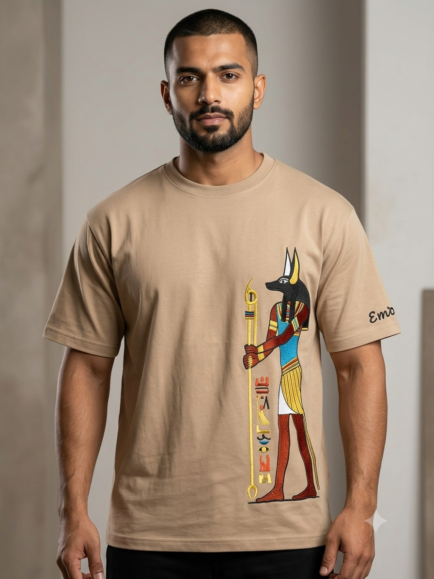 Anubis Embroidered Oversized T-Shirt | Ancient Egyptian God Streetwear Tee – Sand