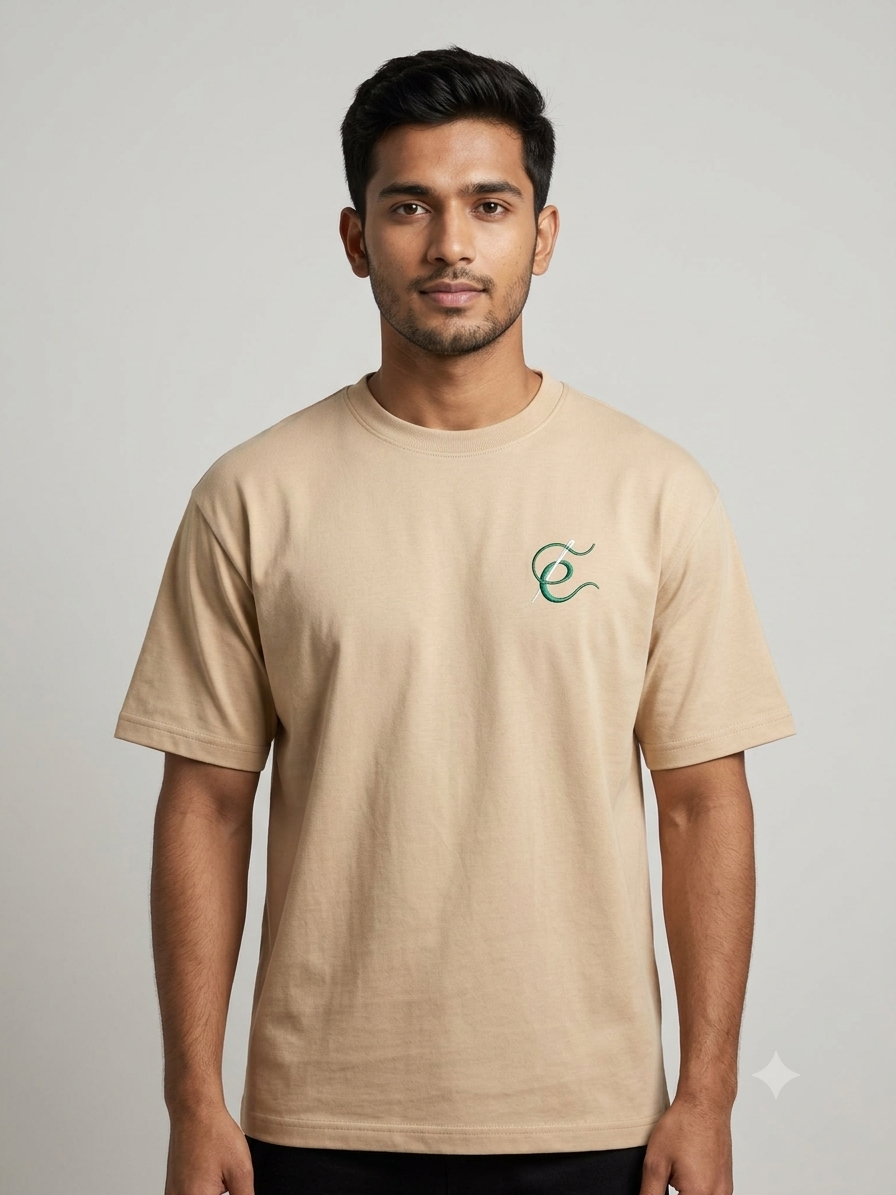 Praying Mantis Puff Print Oversized T-Shirt | Embroidered Logo Streetwear Tee – Sand