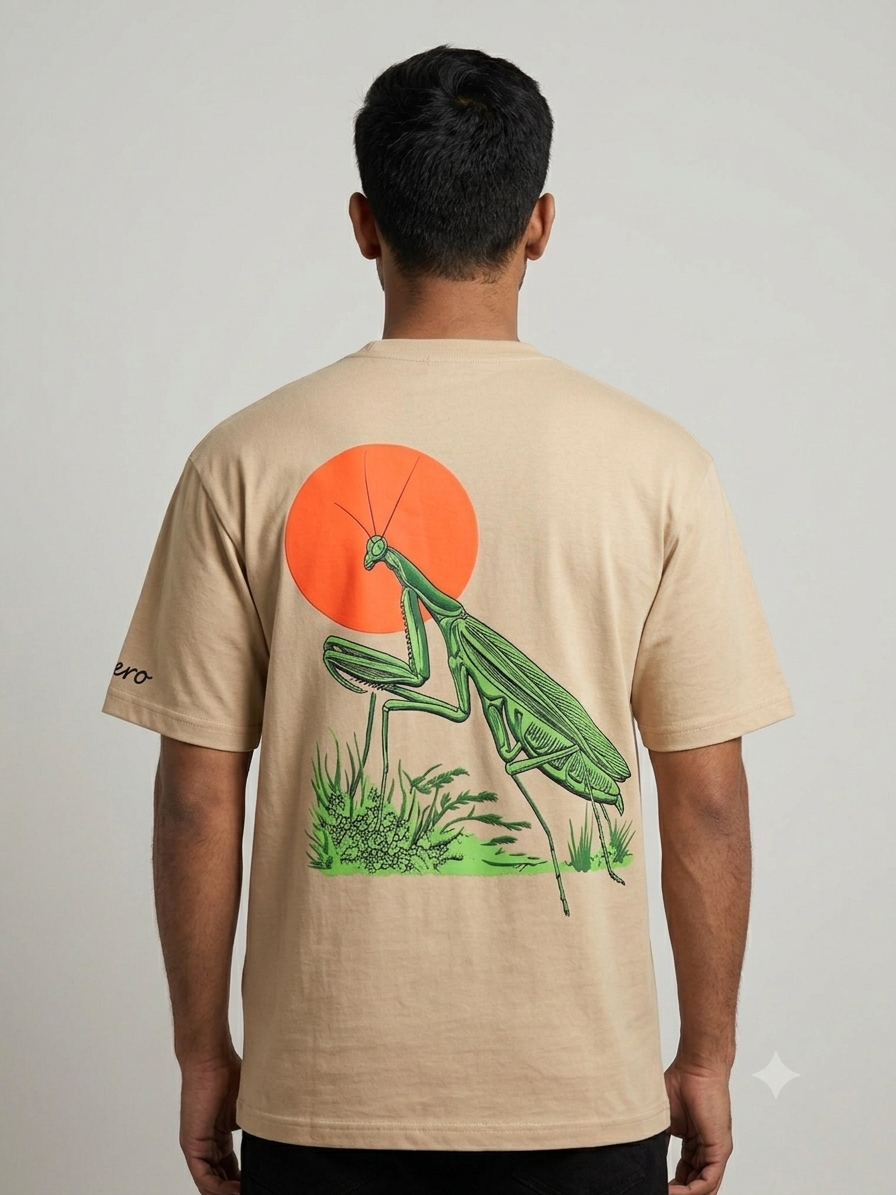 Praying Mantis Puff Print Oversized T-Shirt | Embroidered Logo Streetwear Tee – Sand